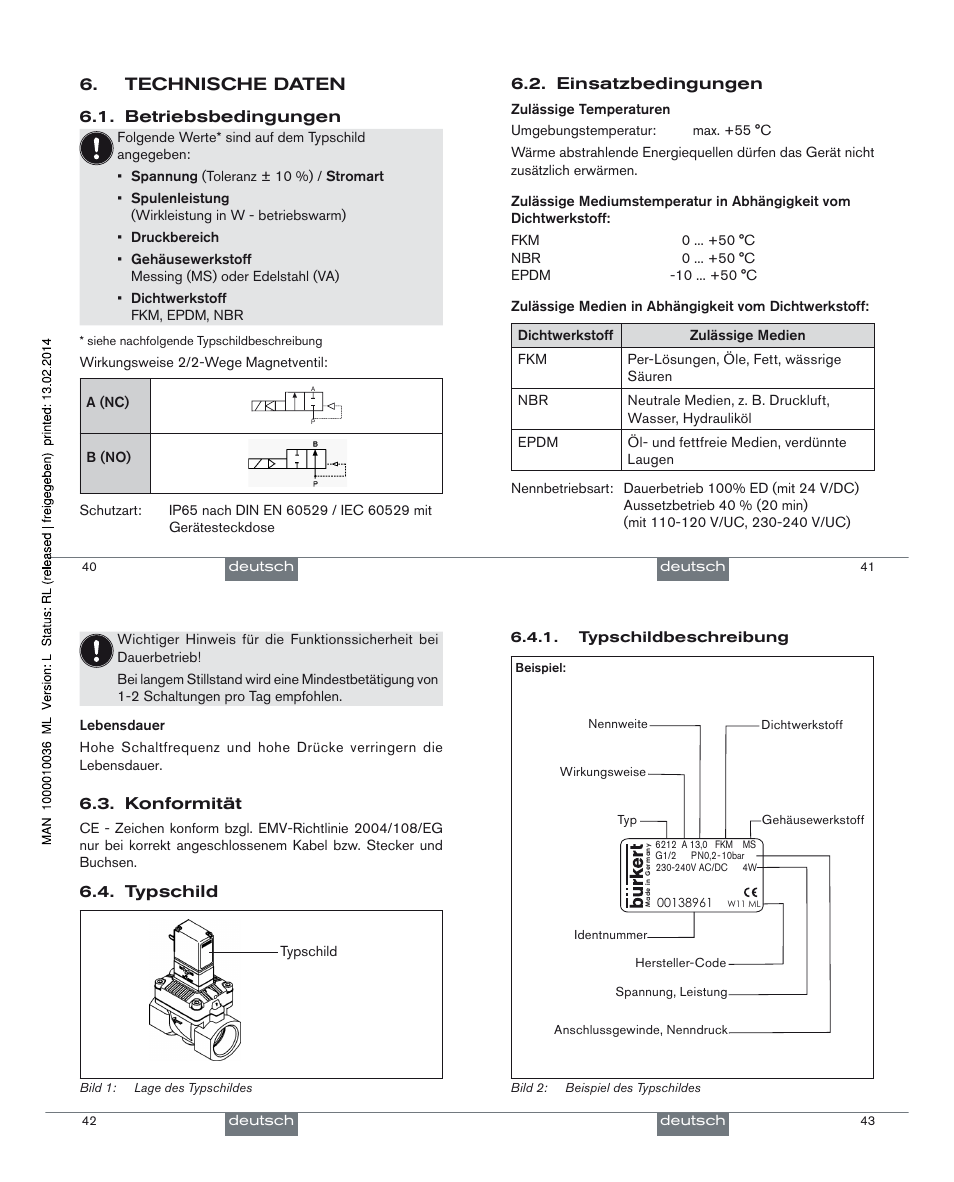 Technische daten, Betriebsbedingungen 6.1, Einsatzbedingungen 6.2 | Konformität 6.3, Typschild 6.4 | Burkert Type 6212 User Manual | Page 12 / 24