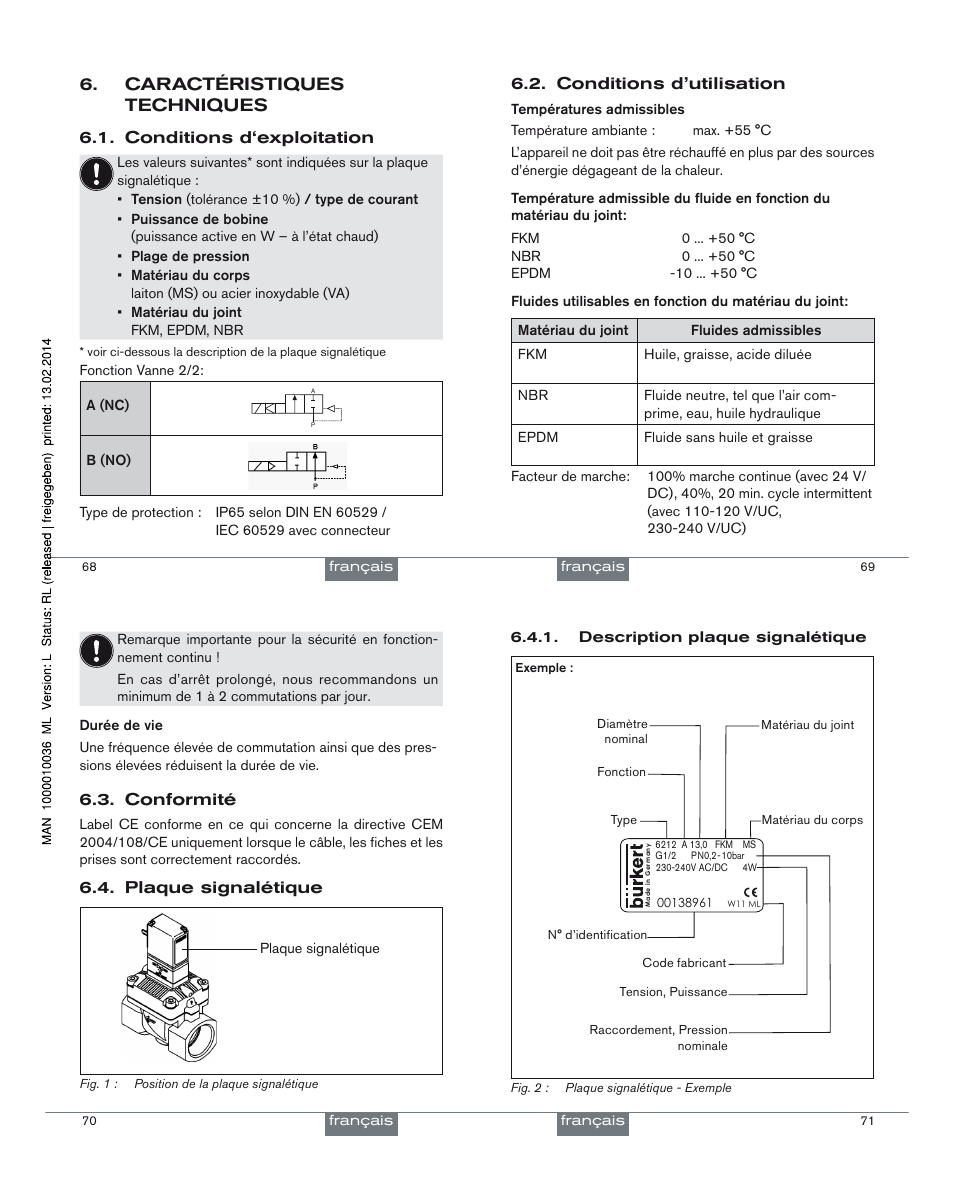 Caractéristiques techniques, Conditions d‘exploitation 6.1, Conditions d’utilisation 6.2 | Conformité 6.3, Plaque signalétique 6.4 | Burkert Type 6212 User Manual | Page 20 / 24