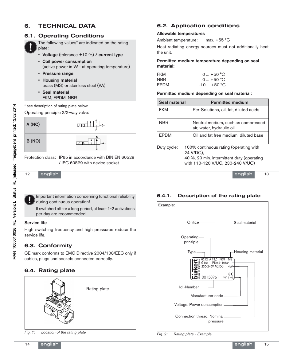 Technical data, Operating conditions 6.1, Application conditions 6.2 | Conformity 6.3, Rating plate 6.4 | Burkert Type 6212 User Manual | Page 4 / 24