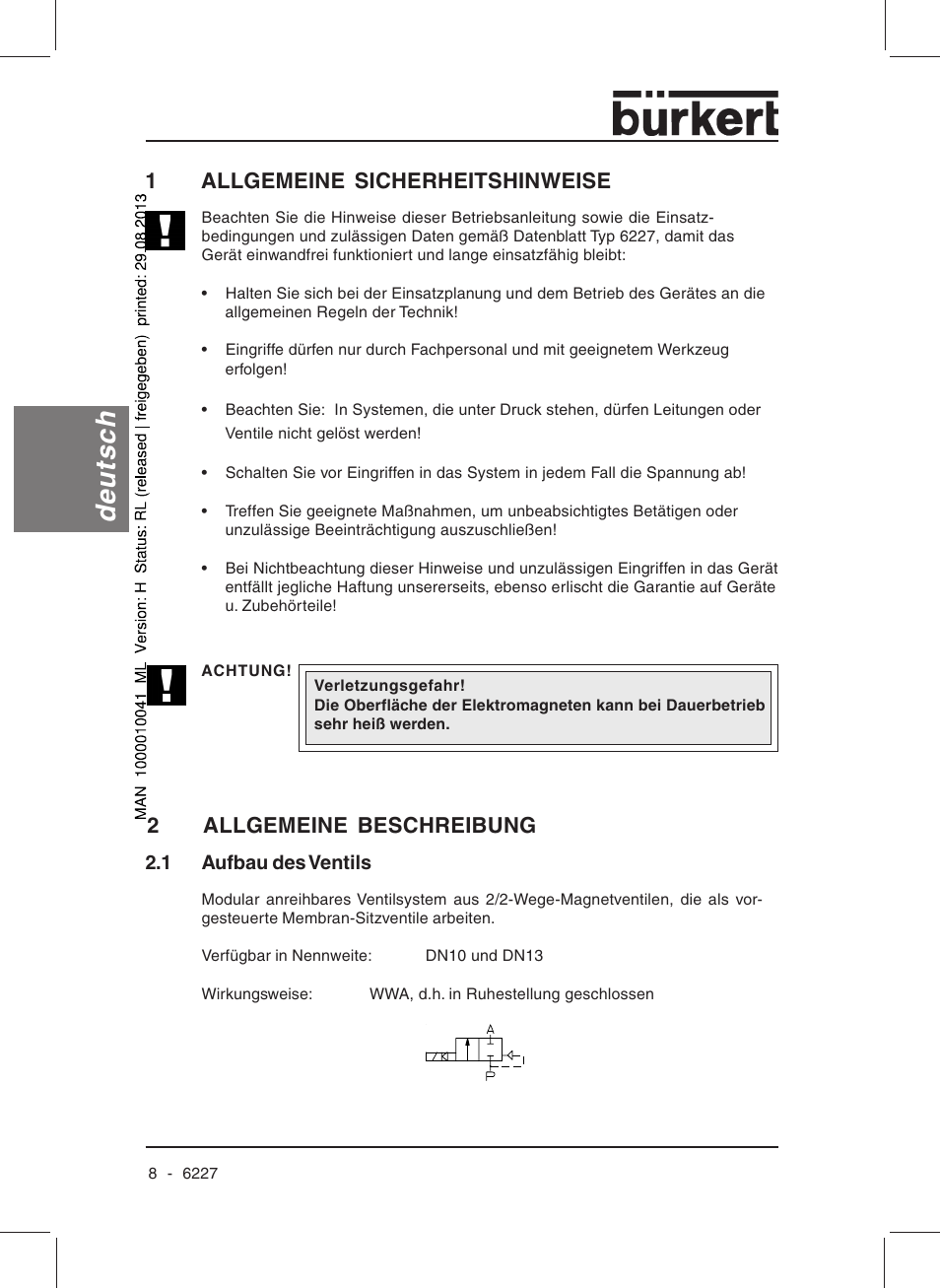 Deutsch, 1allgemeine sicherheitshinweise, 2allgemeine beschreibung | Burkert Type 6227 User Manual | Page 10 / 22