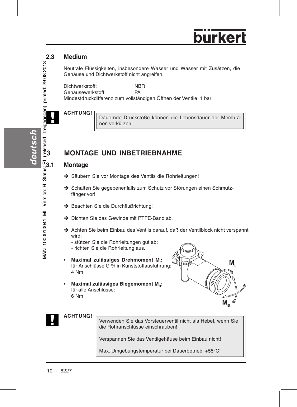 Deutsch, 3montage und inbetriebnahme | Burkert Type 6227 User Manual | Page 12 / 22