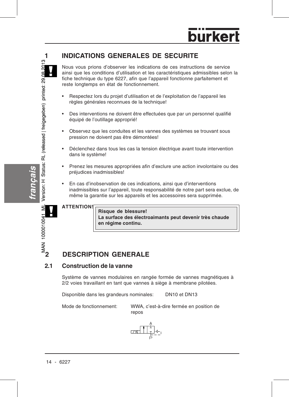Français, 1indications generales de securite, 2description generale | Burkert Type 6227 User Manual | Page 16 / 22