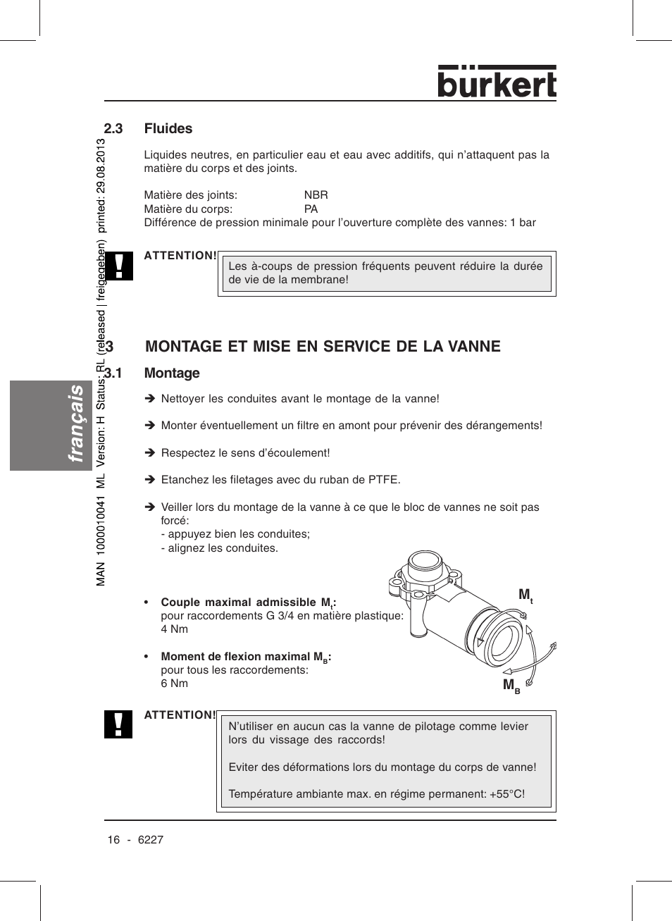 Français, 3montage et mise en service de la vanne | Burkert Type 6227 User Manual | Page 18 / 22