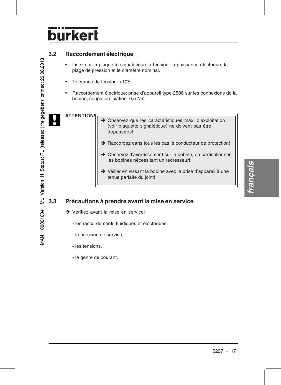 Français | Burkert Type 6227 User Manual | Page 19 / 22