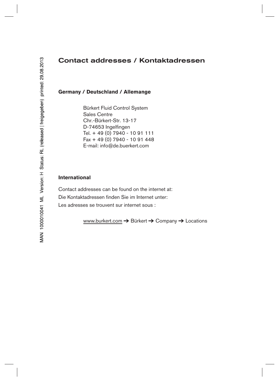 Contact addresses / kontaktadressen | Burkert Type 6227 User Manual | Page 21 / 22