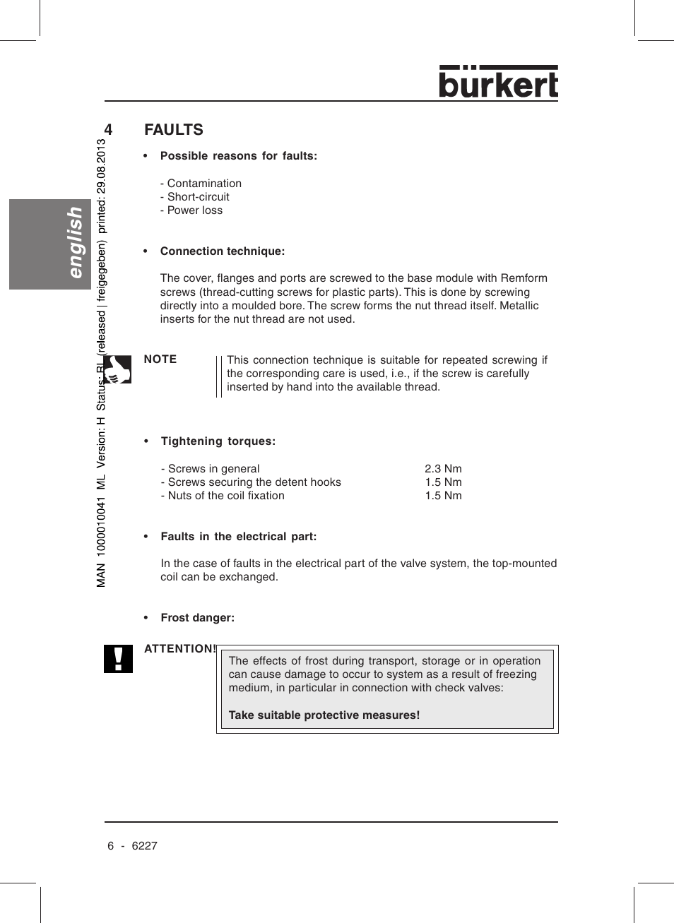 English, 4faults | Burkert Type 6227 User Manual | Page 8 / 22