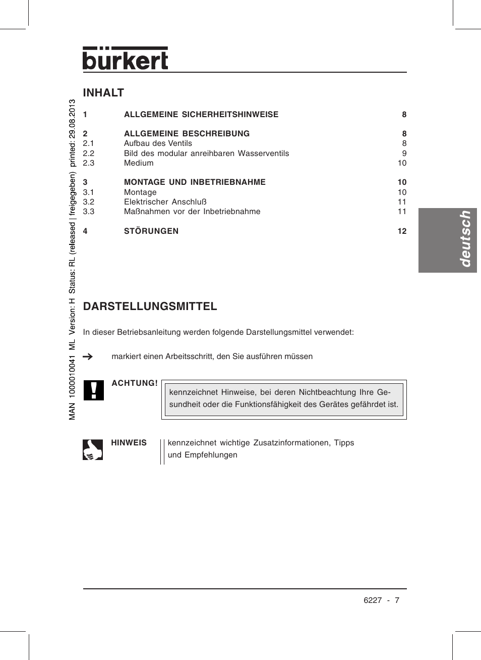 Deutsch, Darstellungsmittel, Inhalt | Burkert Type 6227 User Manual | Page 9 / 22
