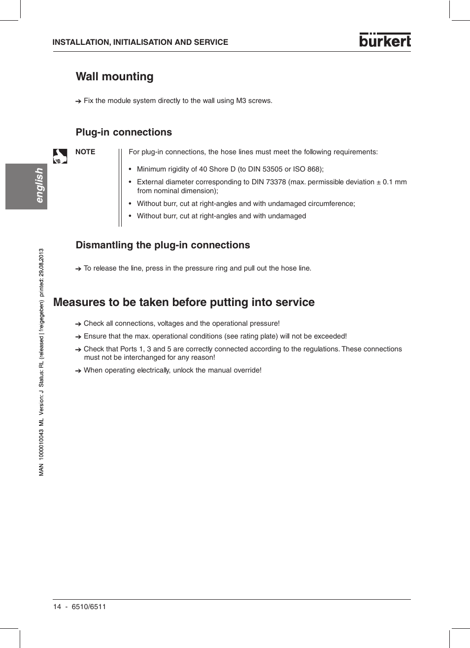 Wall mounting, Measures to be taken before putting into service, English | Plug-in connections, Dismantling the plug-in connections | Burkert Type 6510 User Manual | Page 14 / 43