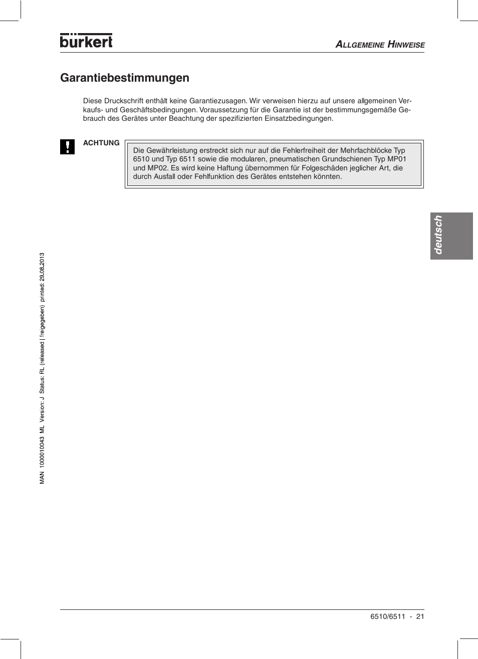 Garantiebestimmungen | Burkert Type 6510 User Manual | Page 19 / 43