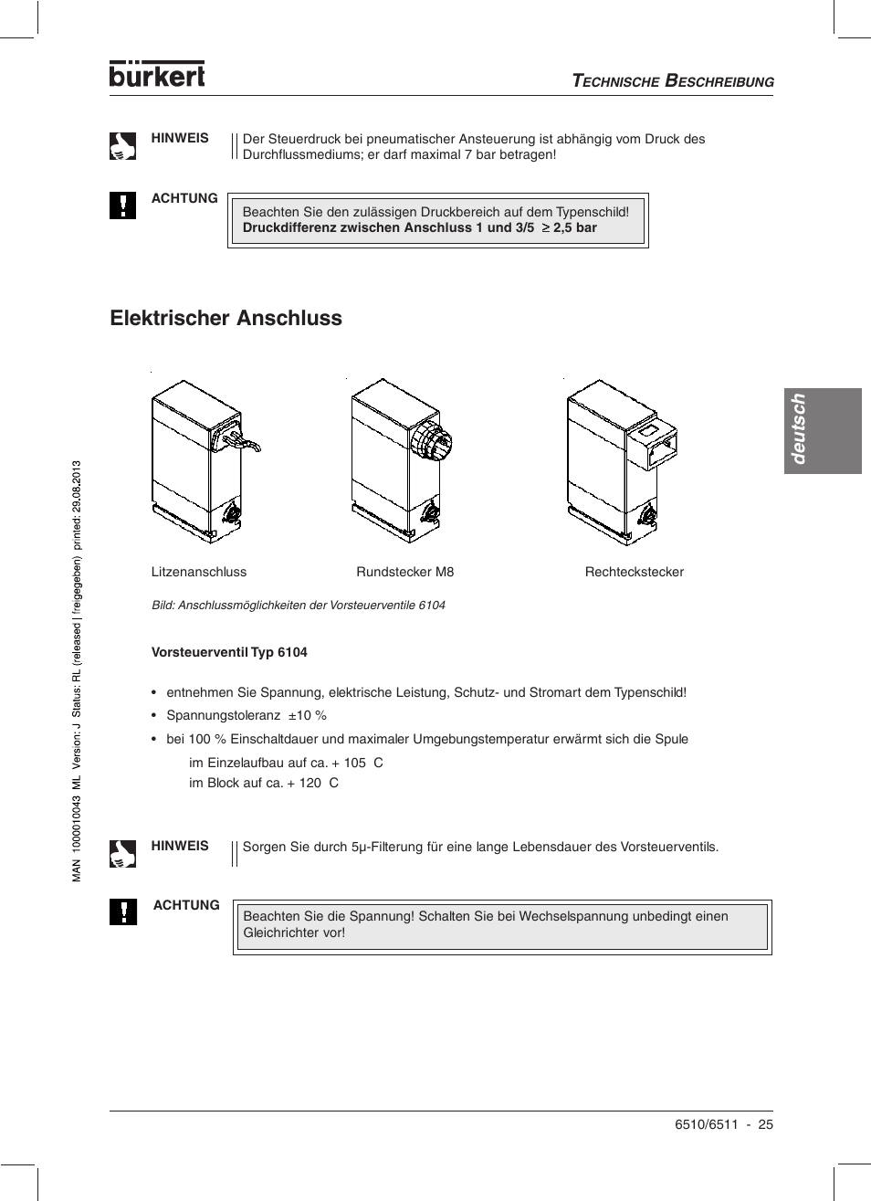 Elektrischer anschluss, Deutsc h | Burkert Type 6510 User Manual | Page 22 / 43