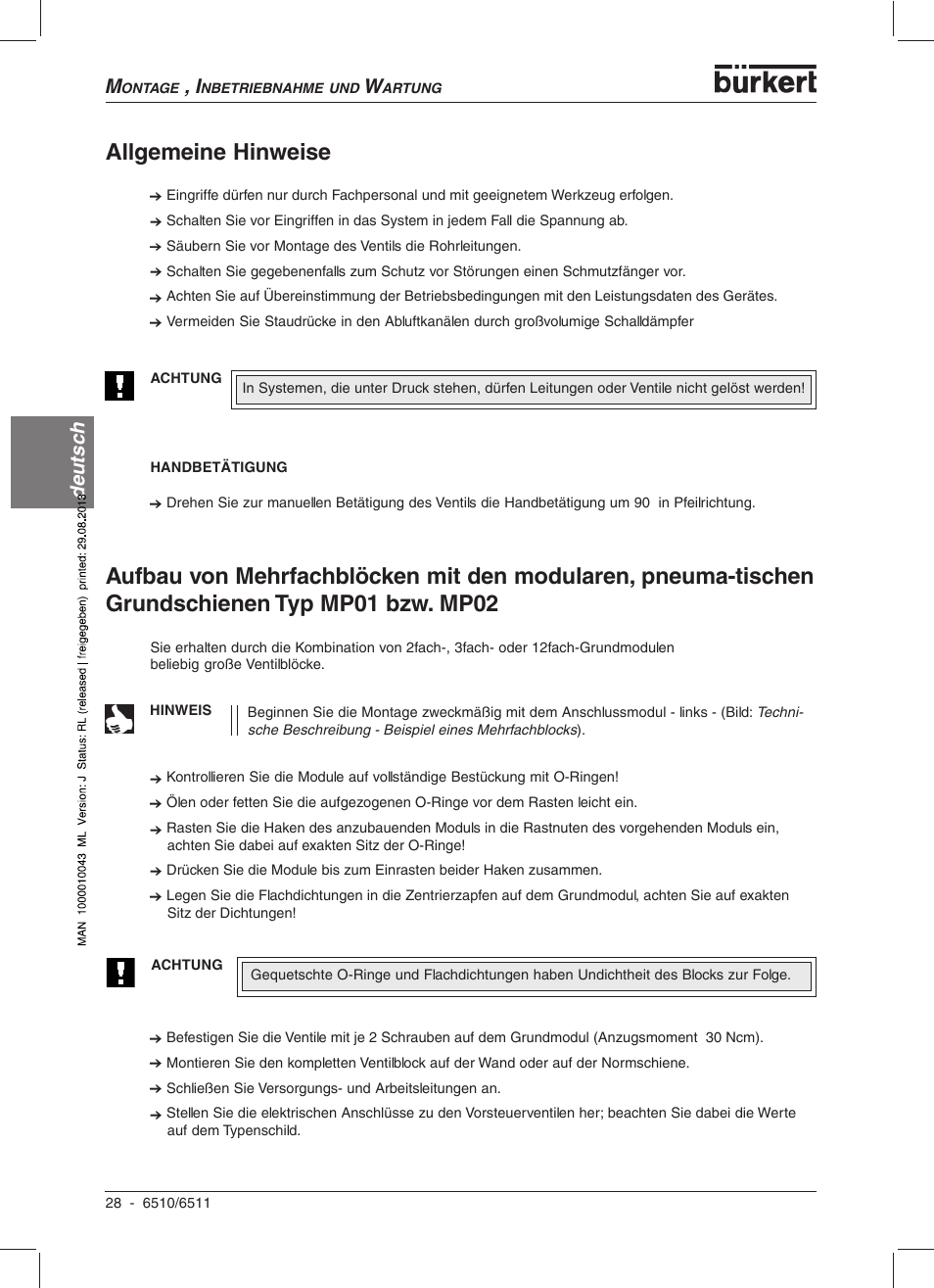 Allgemeine hinweise, Deutsc h | Burkert Type 6510 User Manual | Page 25 / 43