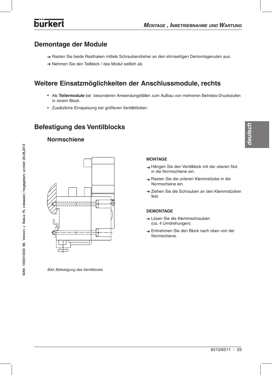 Demontage der module, Deutsc h, Normschiene | Burkert Type 6510 User Manual | Page 26 / 43