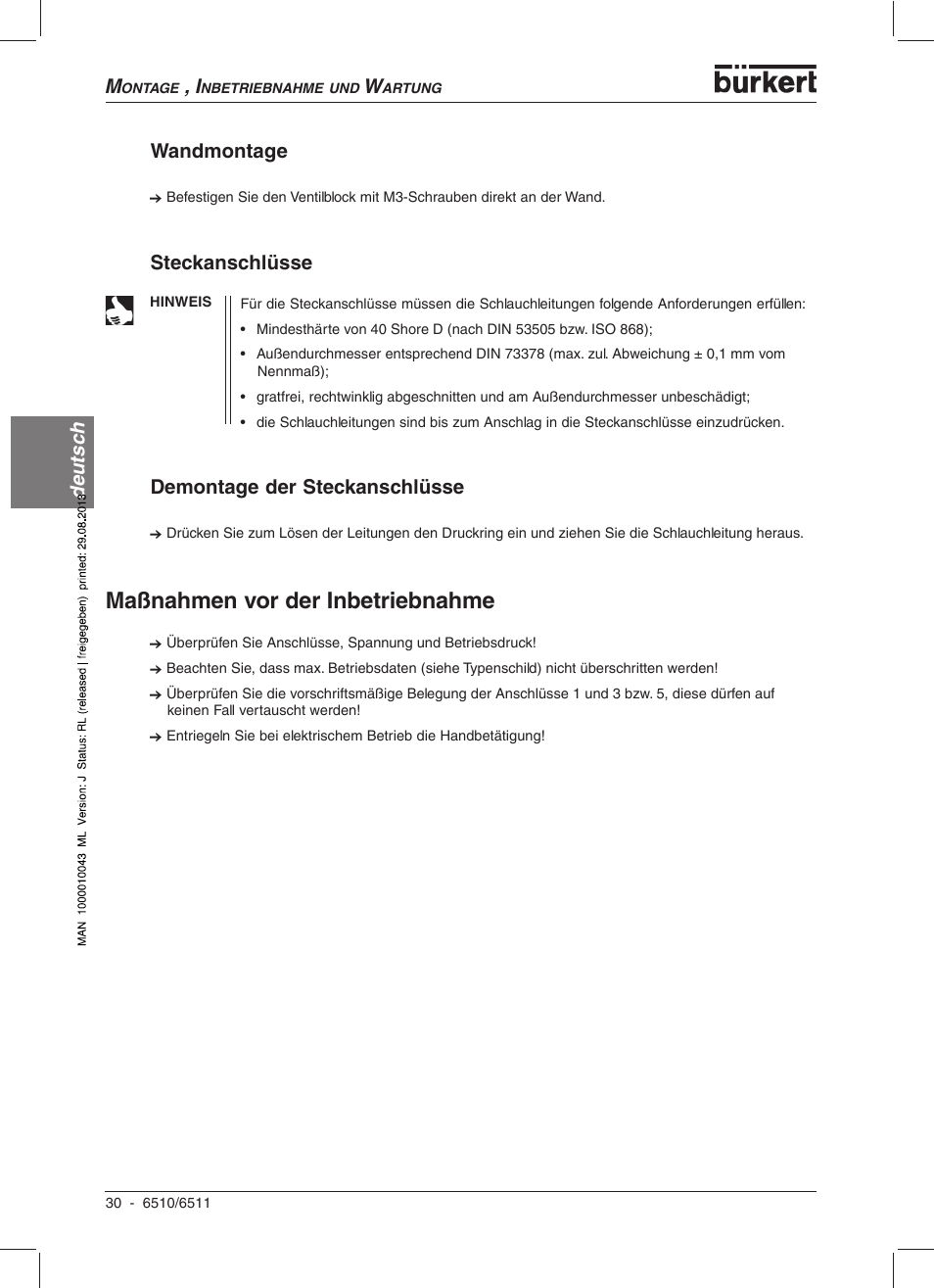 Maßnahmen vor der inbetriebnahme, Deutsc h wandmontage, Steckanschlüsse | Demontage der steckanschlüsse | Burkert Type 6510 User Manual | Page 27 / 43