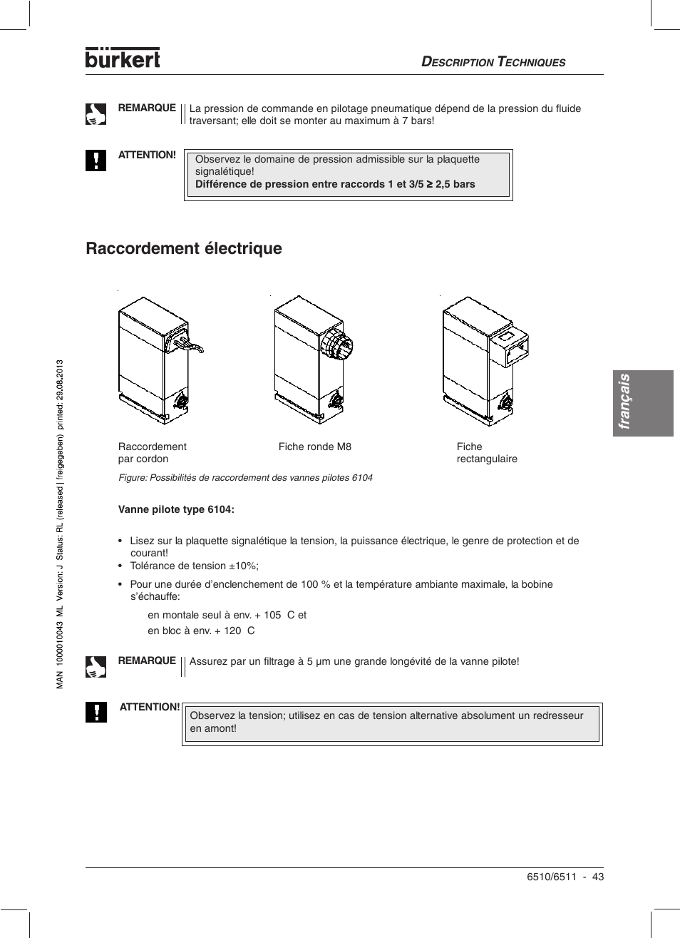 Raccordement électrique, Français | Burkert Type 6510 User Manual | Page 35 / 43