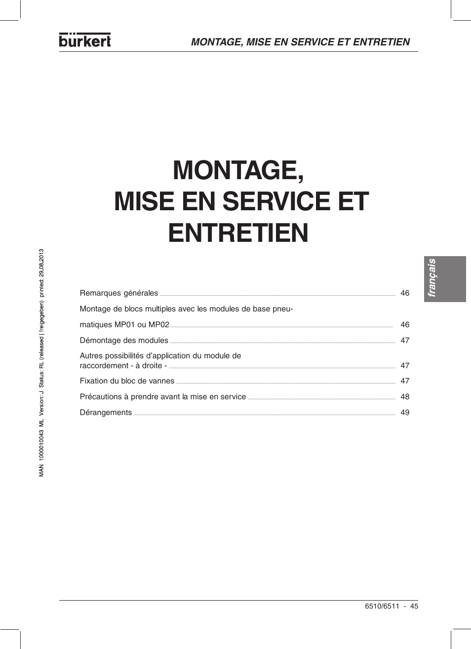 Montage, mise en service et entretien | Burkert Type 6510 User Manual | Page 37 / 43