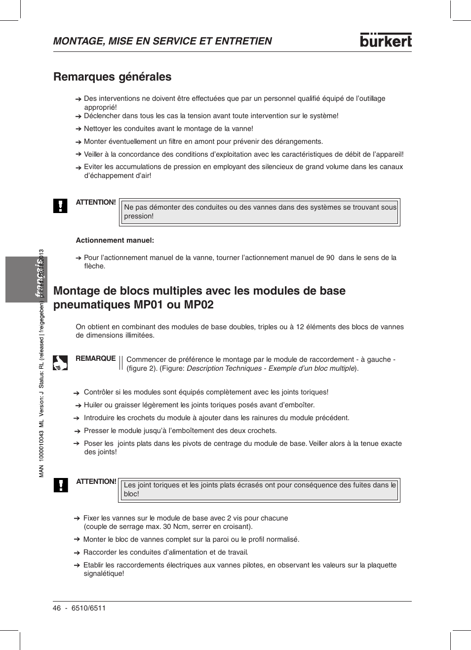 Remarques générales, Montage, mise en service et entretien français | Burkert Type 6510 User Manual | Page 38 / 43