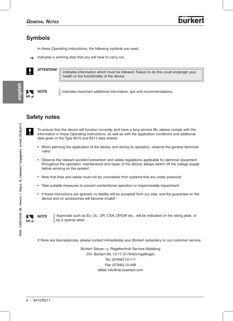 Symbols, English | Burkert Type 6510 User Manual | Page 5 / 43