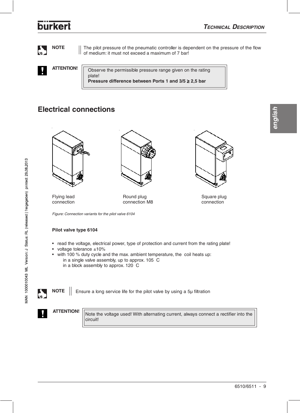 Electrical connections, English | Burkert Type 6510 User Manual | Page 9 / 43