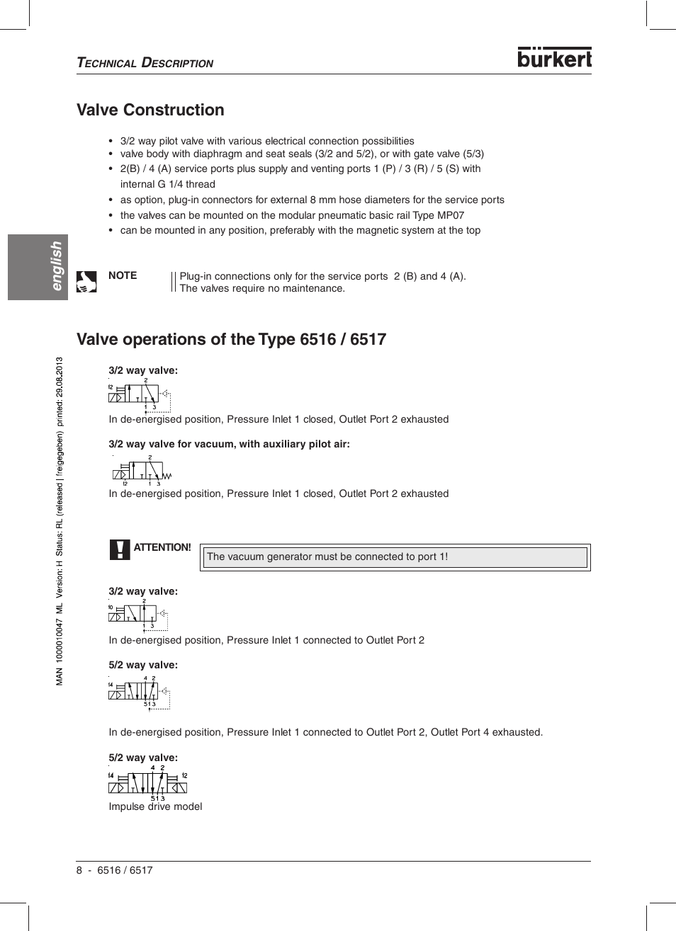 Valve construction, English | Burkert Type 6517 User Manual | Page 10 / 56