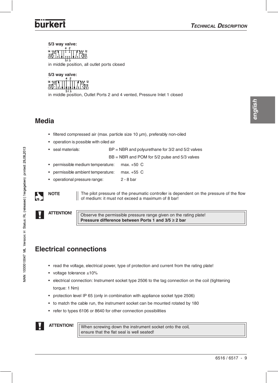 Electrical connections, Media, English | Burkert Type 6517 User Manual | Page 11 / 56