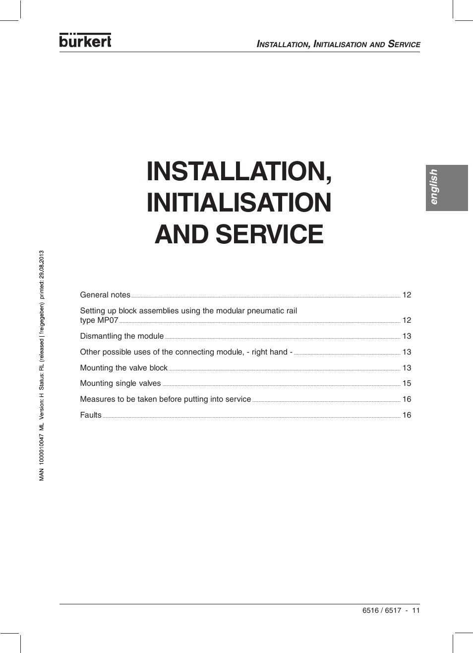 Installation, initialisation and service, English | Burkert Type 6517 User Manual | Page 13 / 56