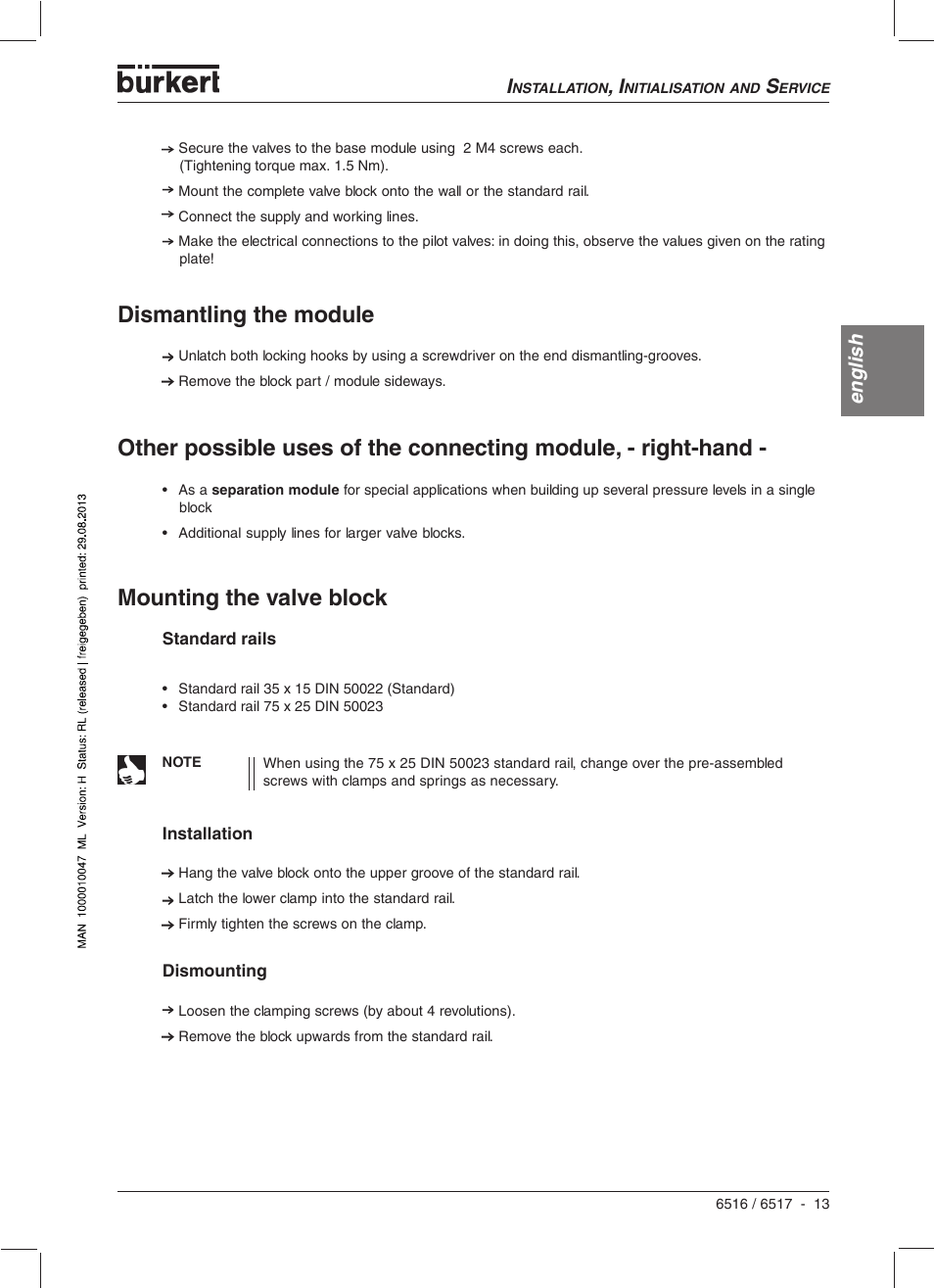 Dismantling the module, English | Burkert Type 6517 User Manual | Page 15 / 56