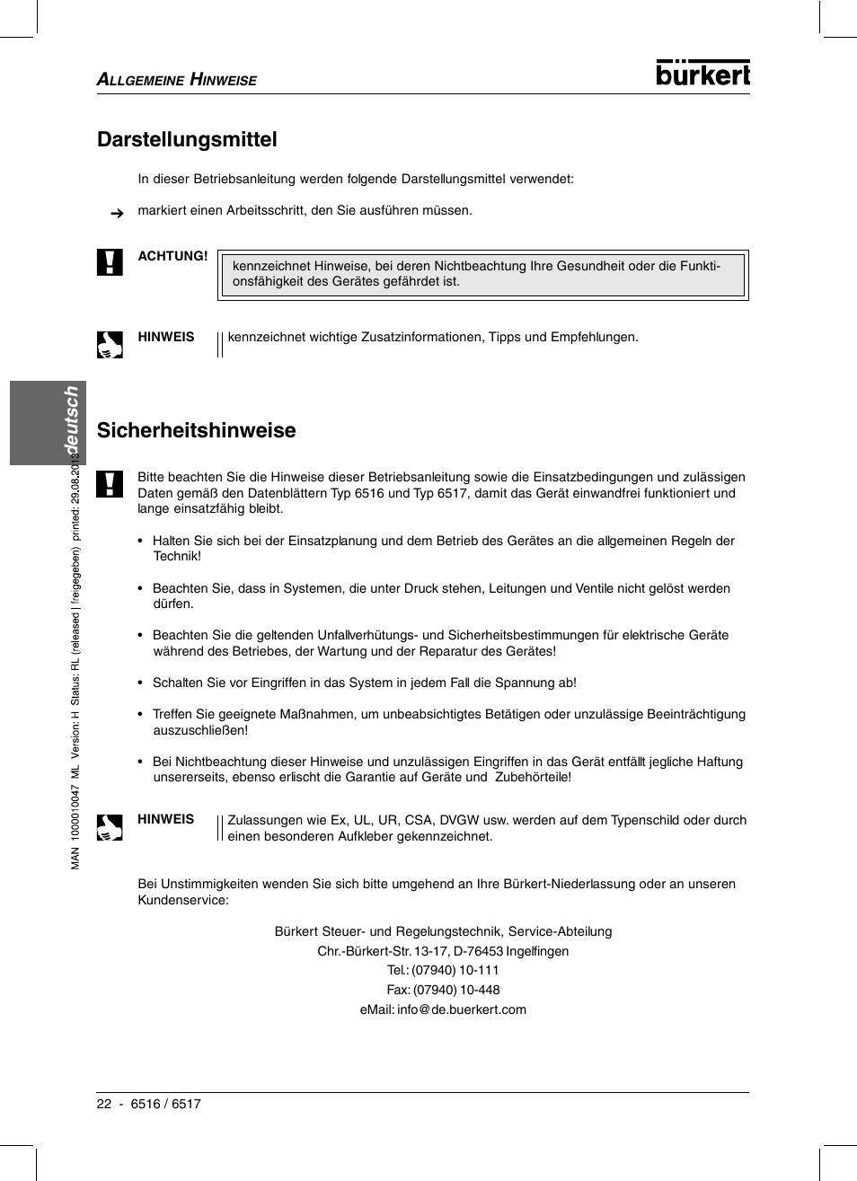 Darstellungsmittel, Sicherheitshinweise, Deutsc h deutsc h | Burkert Type 6517 User Manual | Page 24 / 56