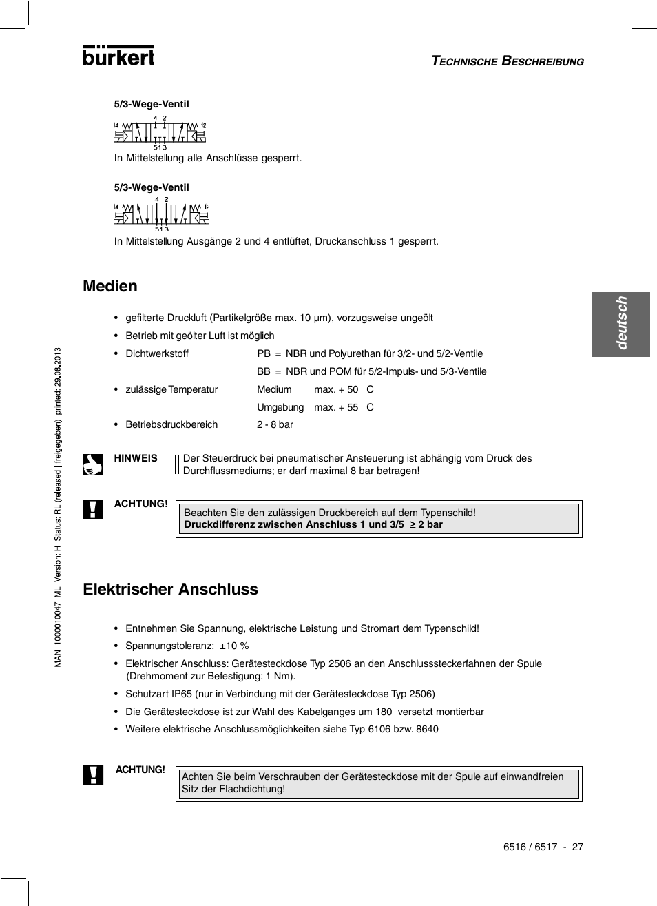 Elektrischer anschluss, Medien, Deutsc h | Burkert Type 6517 User Manual | Page 29 / 56