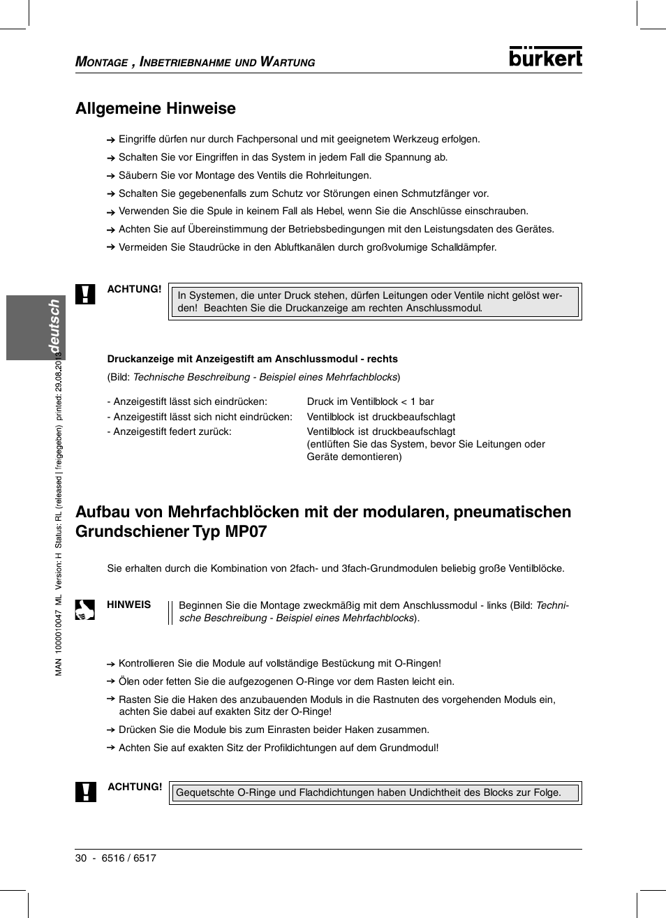 Allgemeine hinweise, Deutsc h | Burkert Type 6517 User Manual | Page 32 / 56