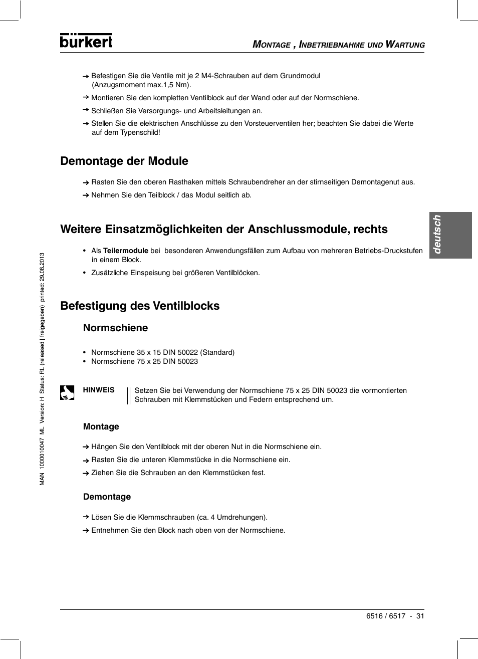 Demontage der module, Deutsc h, Normschiene | Burkert Type 6517 User Manual | Page 33 / 56