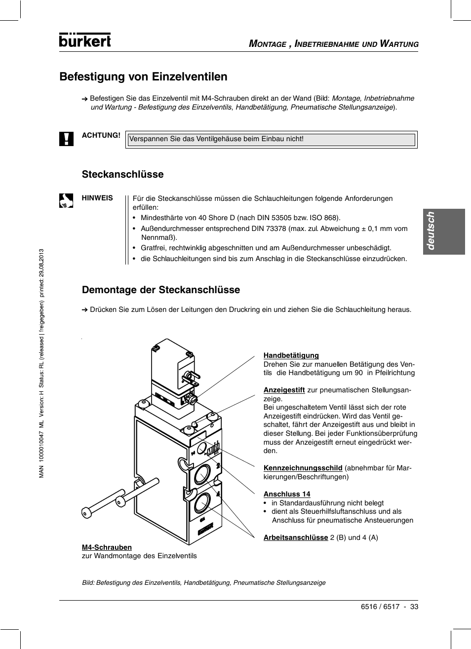 Befestigung von einzelventilen, Deutsc h, Steckanschlüsse demontage der steckanschlüsse | Burkert Type 6517 User Manual | Page 35 / 56