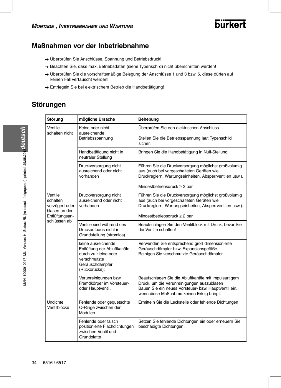 Störungen maßnahmen vor der inbetriebnahme, Deutsc h | Burkert Type 6517 User Manual | Page 36 / 56