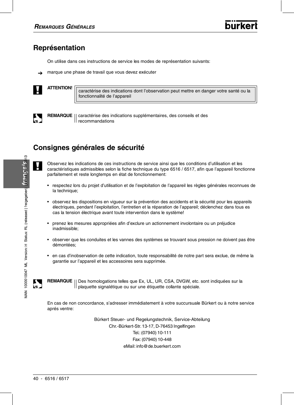 Représentation, Consignes générales de sécurité, Français | Burkert Type 6517 User Manual | Page 42 / 56