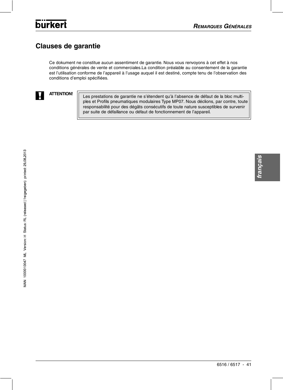 Clauses de garantie | Burkert Type 6517 User Manual | Page 43 / 56