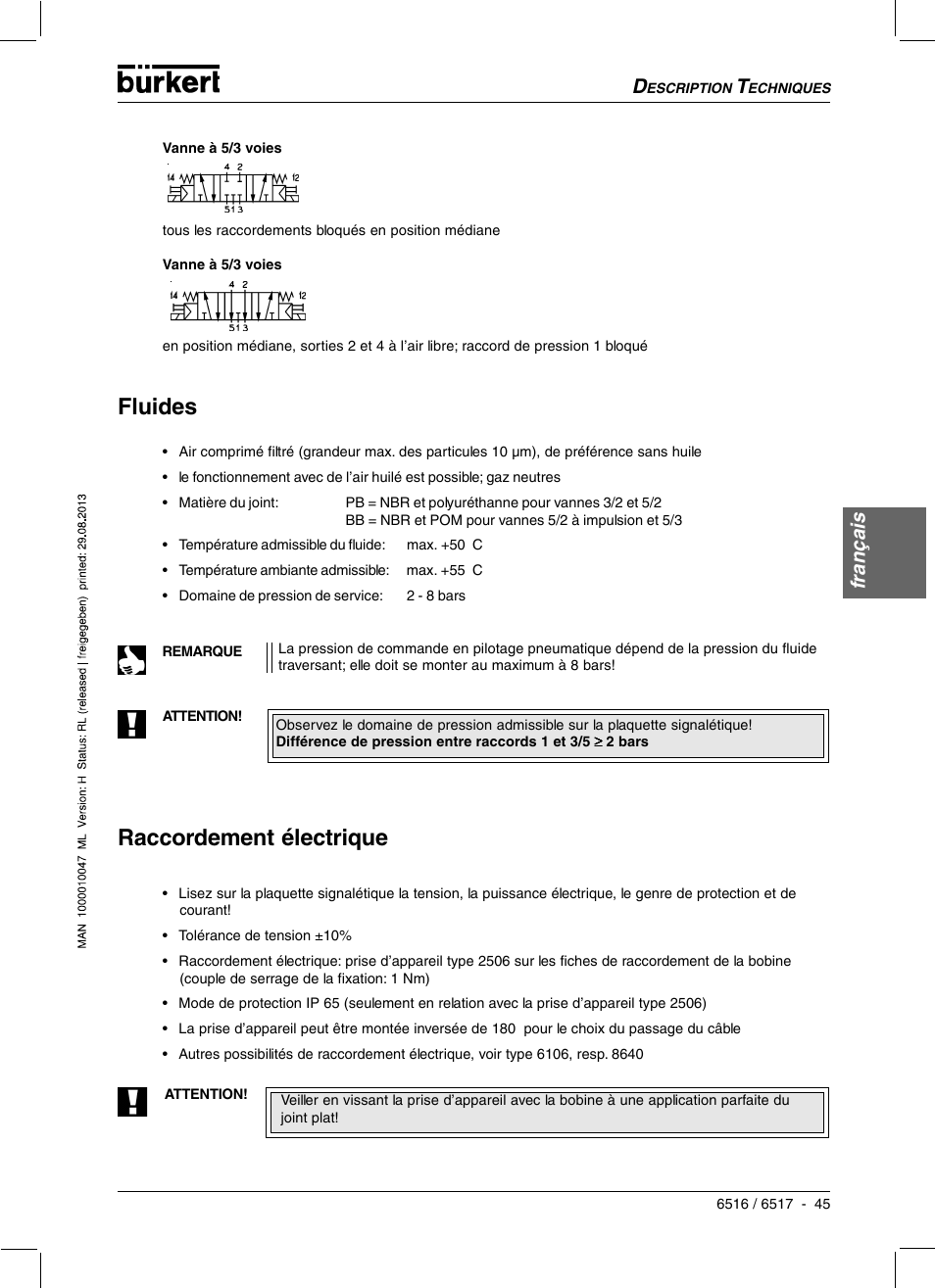 Raccordement électrique, Fluides, Français | Burkert Type 6517 User Manual | Page 47 / 56