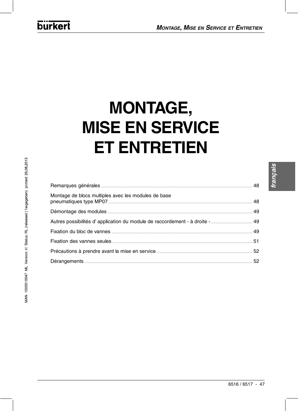 Montage, mise en service et entretien | Burkert Type 6517 User Manual | Page 49 / 56