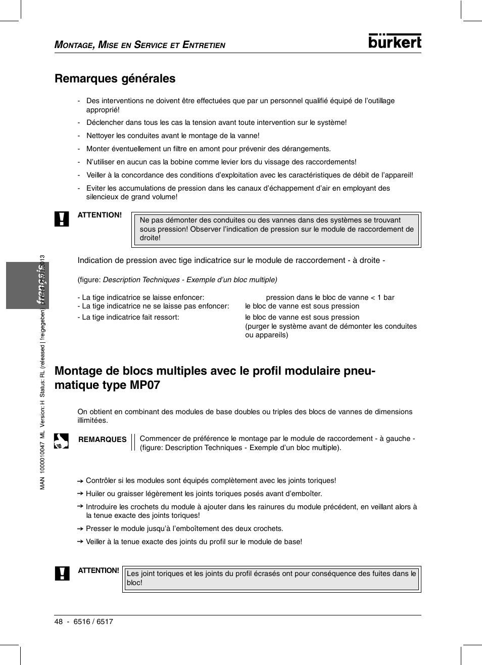 Remarques générales, Français | Burkert Type 6517 User Manual | Page 50 / 56