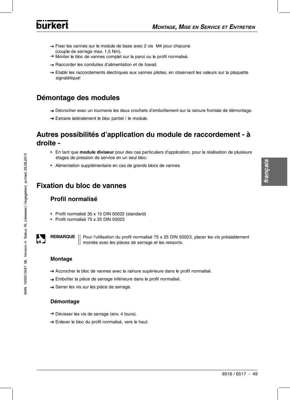 Démontage des modules, Français, Profil normalisé | Burkert Type 6517 User Manual | Page 51 / 56