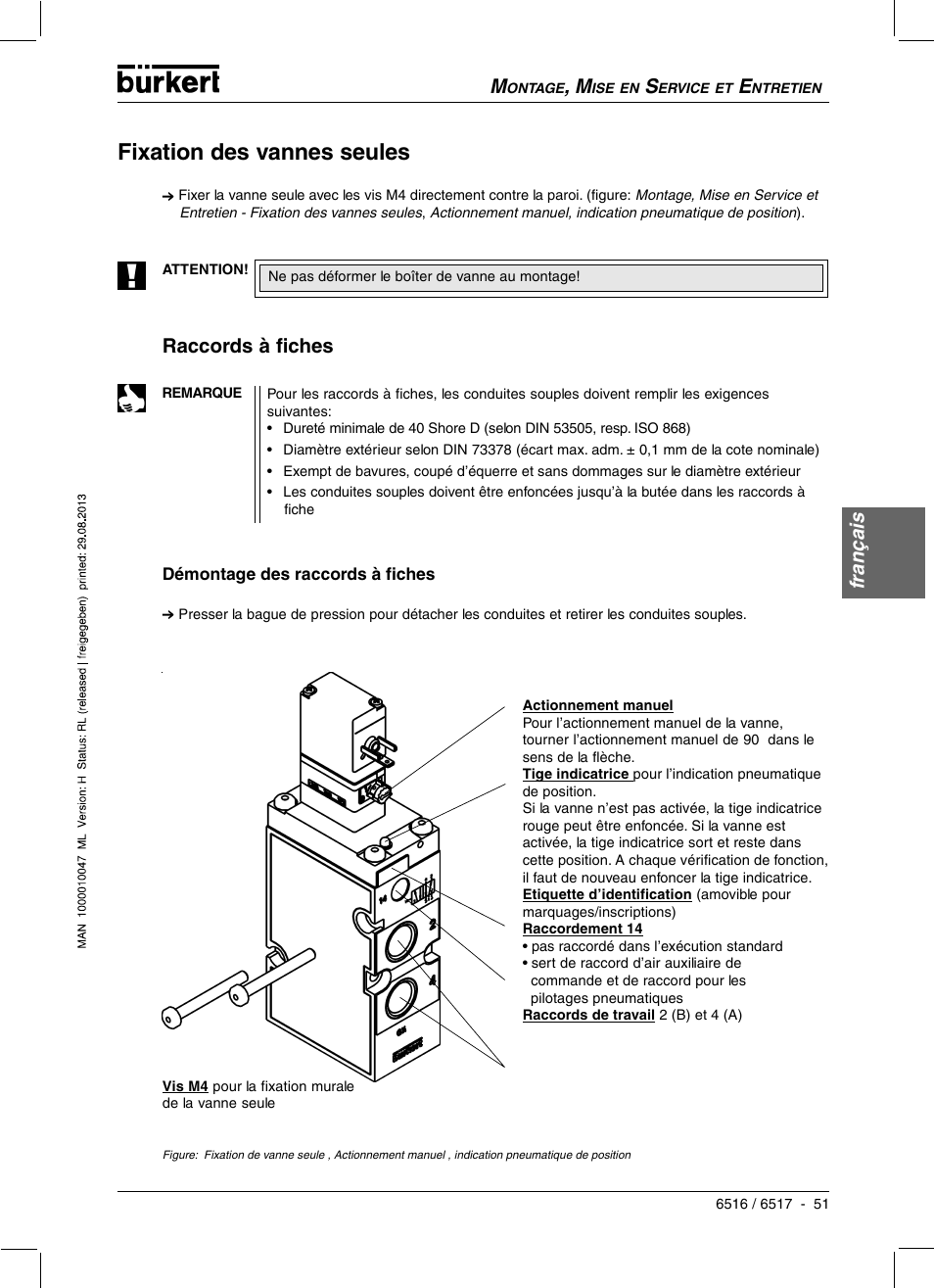 Fixation des vannes seules, Français, Raccords à fiches | Burkert Type 6517 User Manual | Page 53 / 56