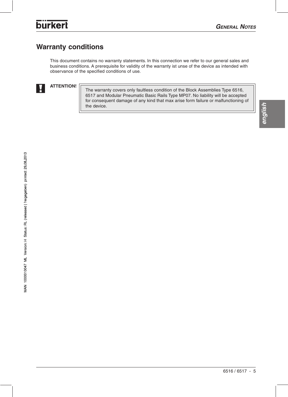 Warranty conditions | Burkert Type 6517 User Manual | Page 7 / 56