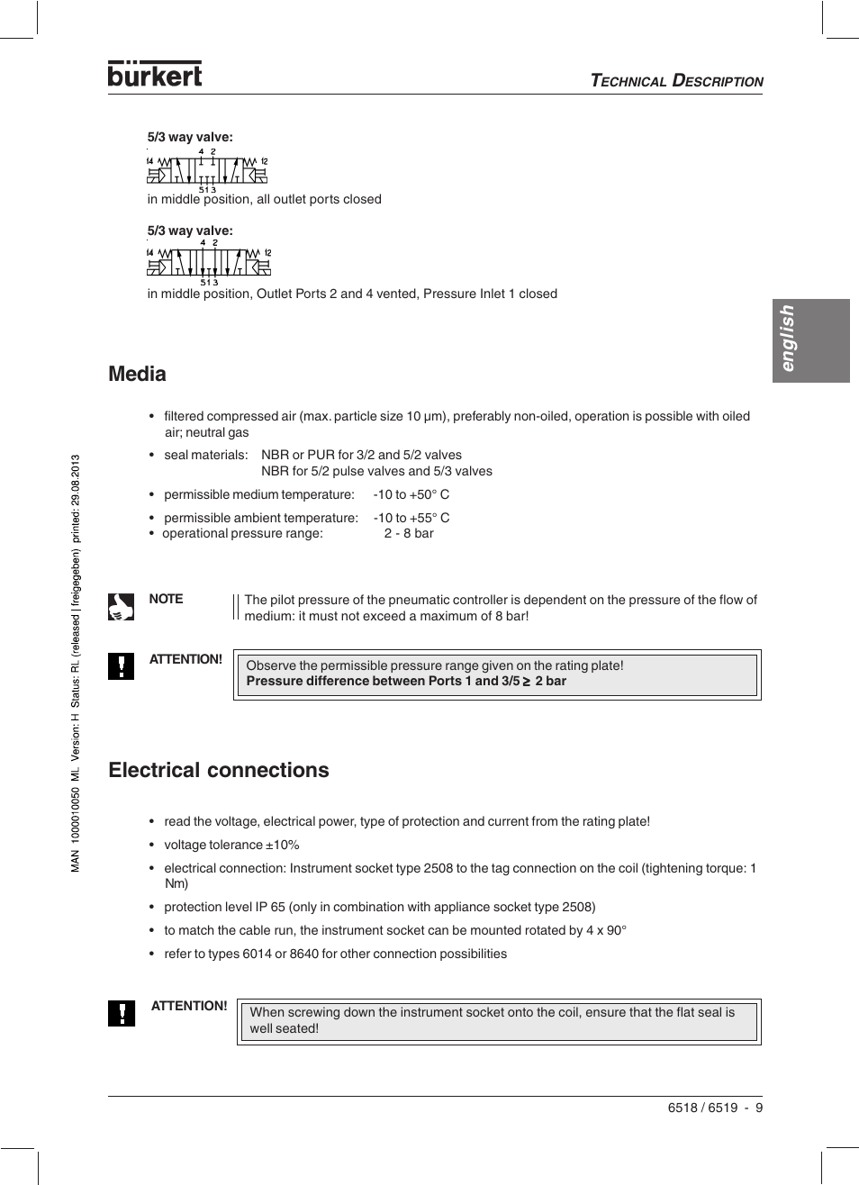 Electrical connections, Media, English | Burkert Type 6519 User Manual | Page 11 / 57
