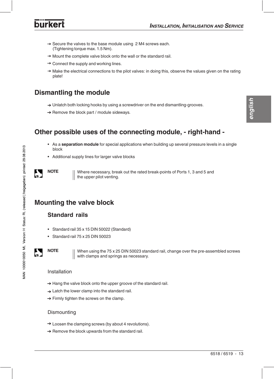 Dismantling the module, Mounting the valve block, English | Standard rails | Burkert Type 6519 User Manual | Page 15 / 57