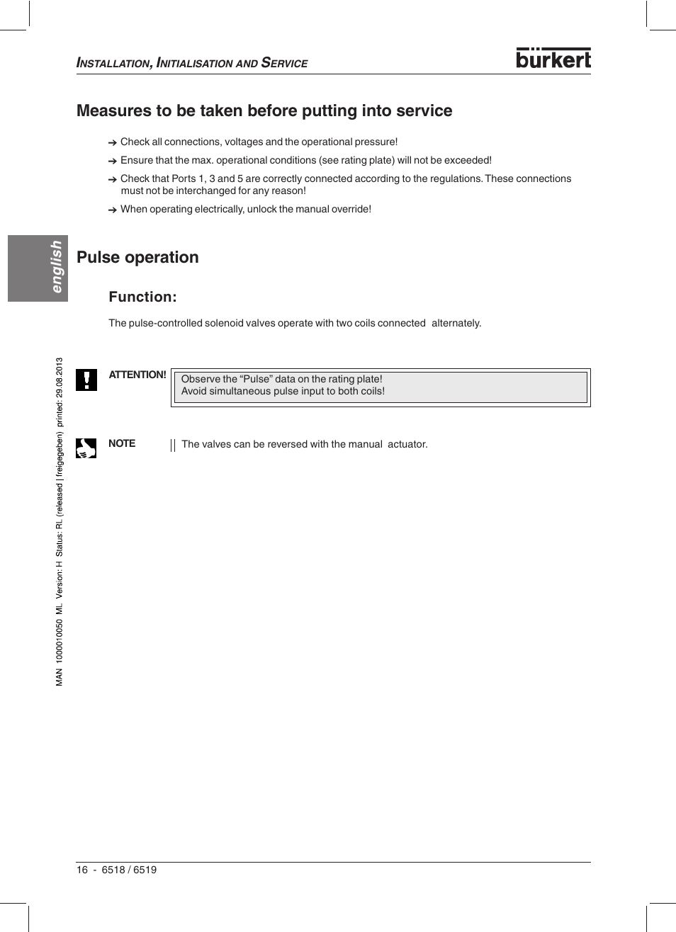 Measures to be taken before putting into service, Pulse operation, English | Function | Burkert Type 6519 User Manual | Page 18 / 57