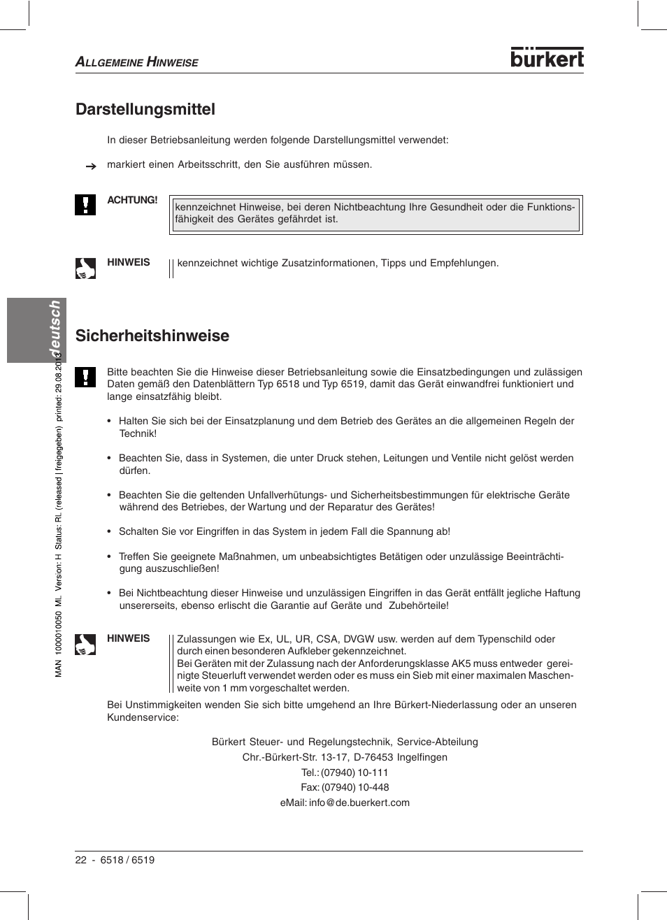 Darstellungsmittel, Sicherheitshinweise, Deutsch | Burkert Type 6519 User Manual | Page 24 / 57