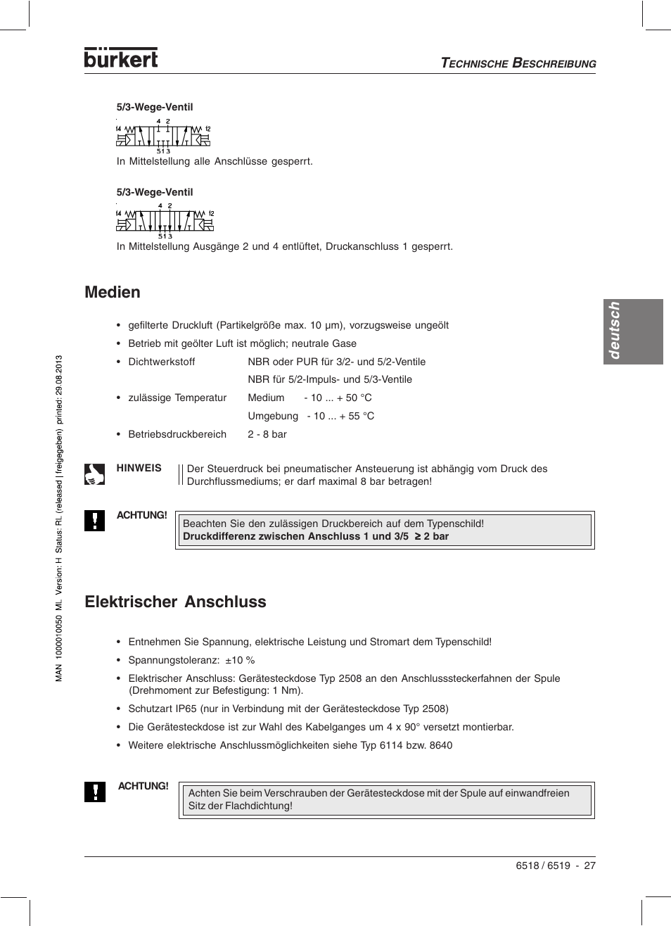 Elektrischer anschluss, Medien, Deutsch | Burkert Type 6519 User Manual | Page 29 / 57
