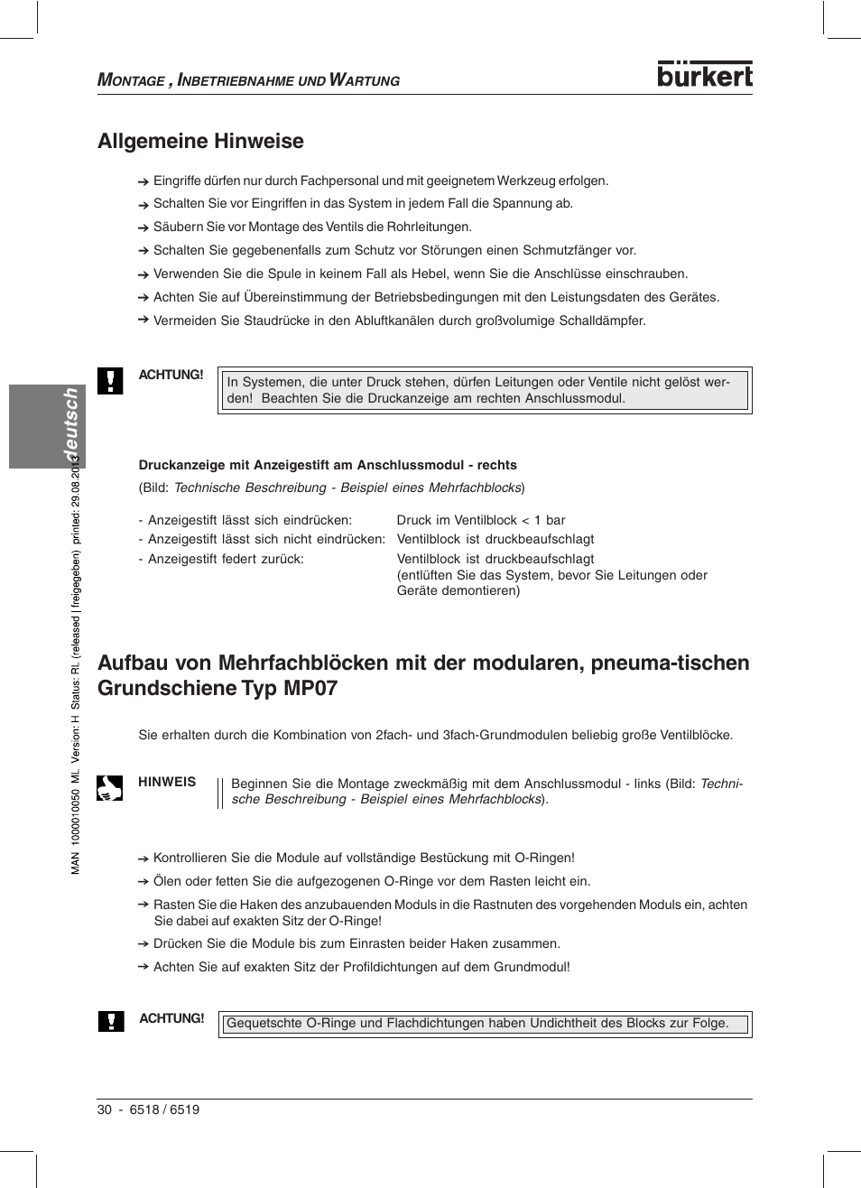 Allgemeine hinweise, Deutsch | Burkert Type 6519 User Manual | Page 32 / 57