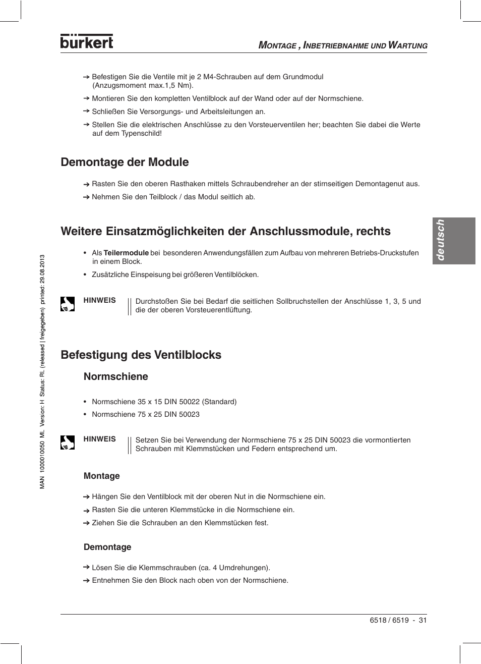 Demontage der module, Befestigung des ventilblocks, Deutsch | Normschiene | Burkert Type 6519 User Manual | Page 33 / 57