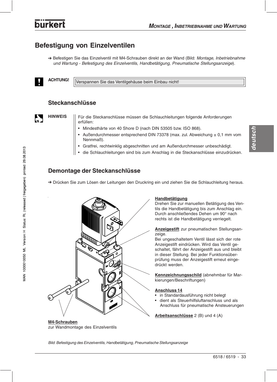 Befestigung von einzelventilen, Deutsch, Steckanschlüsse demontage der steckanschlüsse | Burkert Type 6519 User Manual | Page 35 / 57