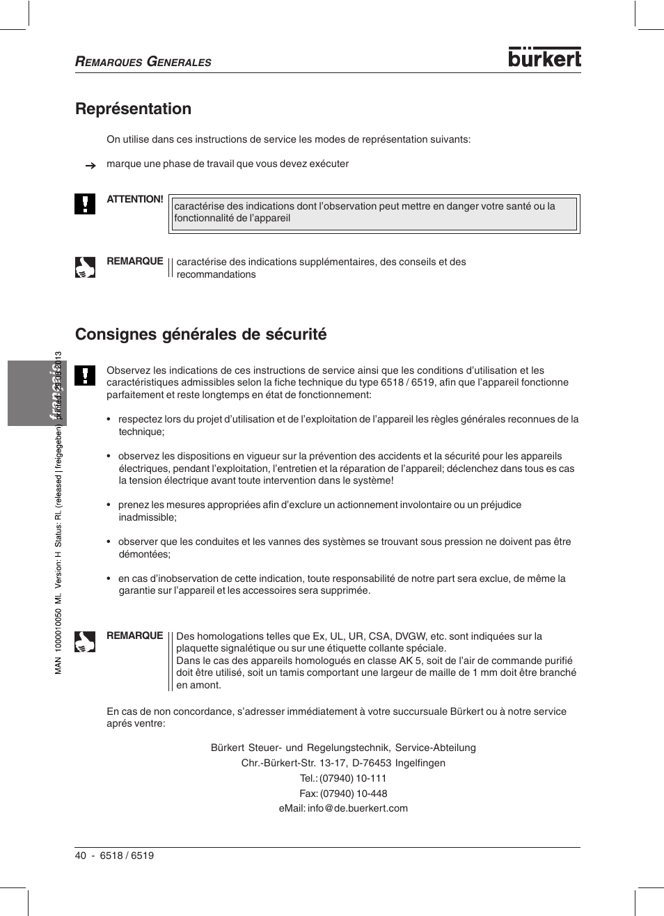 Représentation, Consignes générales de sécurité, Français | Burkert Type 6519 User Manual | Page 42 / 57
