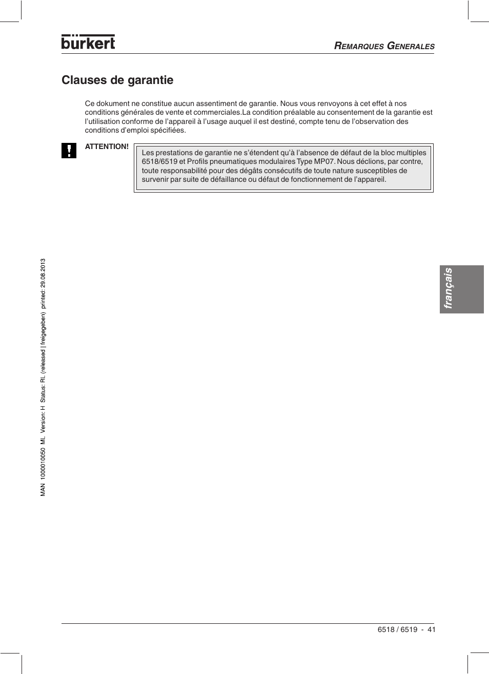 Clauses de garantie | Burkert Type 6519 User Manual | Page 43 / 57